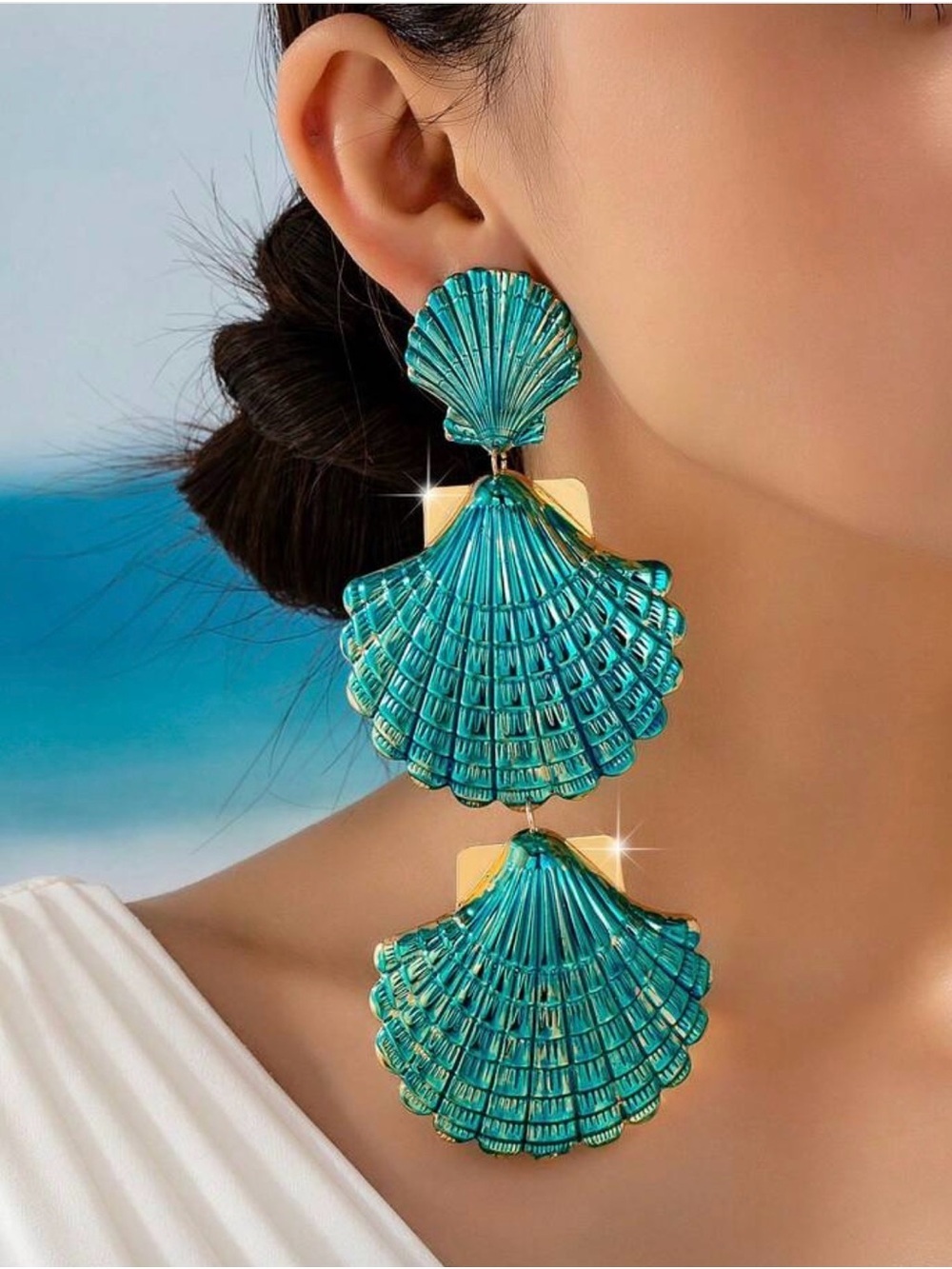 Turquoise Seashell Statement Earrings | Gold Tone Beach Dangle Earrings